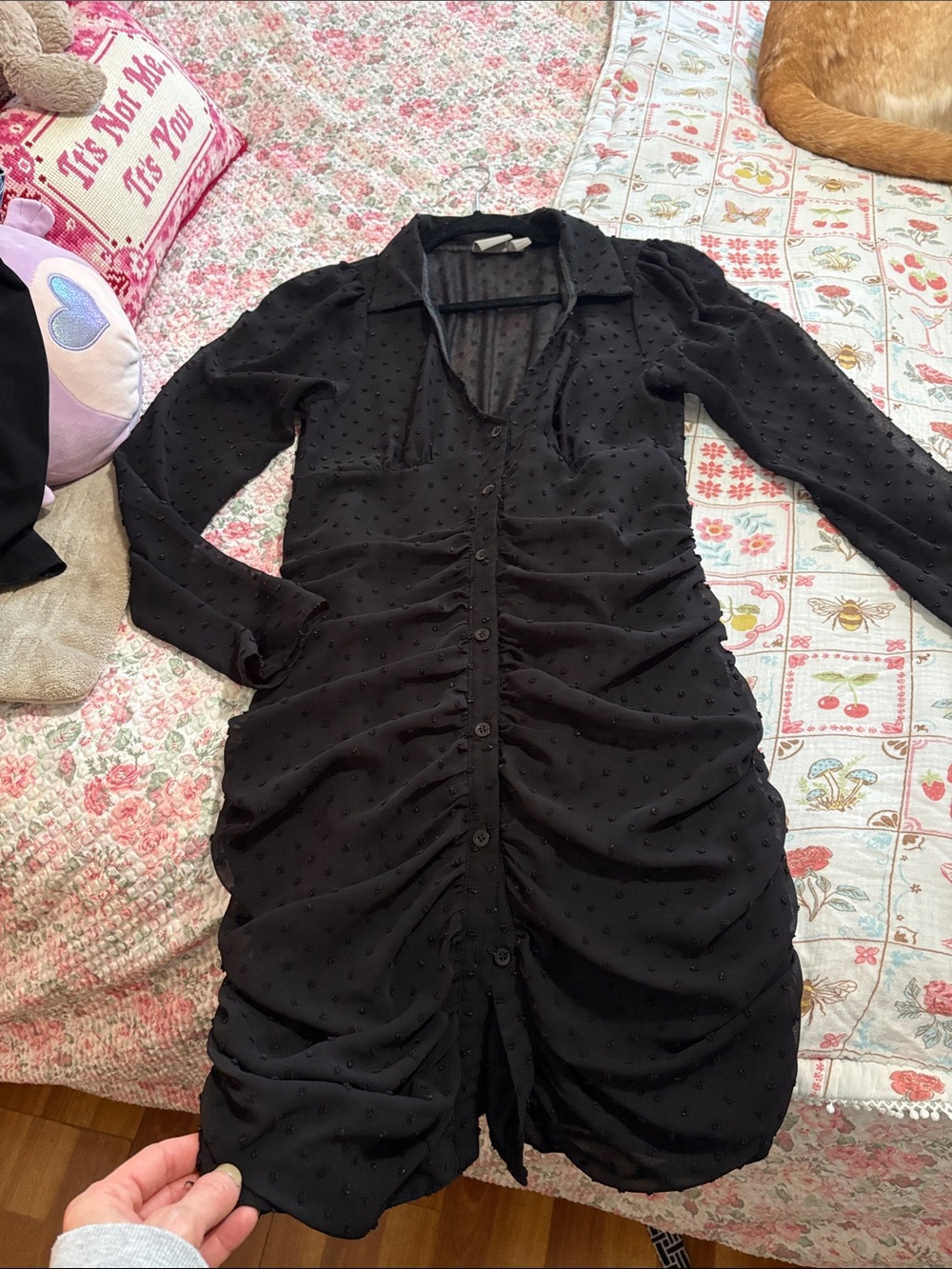 ASOS Black Long-Sleeve Ruched Button-Front Dress